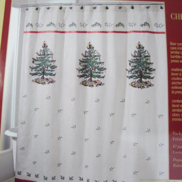 Spode Christmas Tree Fabric Shower Curtain and 12 Hooks--NIP - Picture 2 of 10